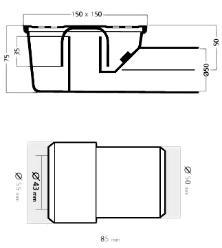 Wetroom Gully With Stainless Steel Grate, Side Outlet. 150mm. technical image