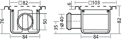 Stainless Steel Wetroom Gully, Side Outlet. 105x105x80mm. technical image