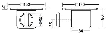 Stainless Steel Wetroom Gully, Side Outlet. 150x150x80mm. technical image