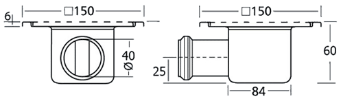 Stainless Steel Gully With Side Outlet. Low Profile.150x150x60mm technical image