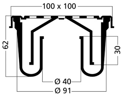 Wetroom Gully, Stainless Steel Grate, Bottom Outlet. 100mm. technical image