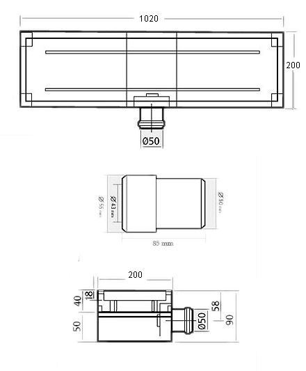 Stainless Steel Wetroom Tile Channel With Side Outlet. 1020mm. technical image