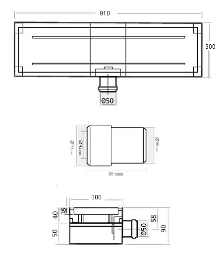 Stainless Steel Wetroom Tile Channel With Side Outlet. 910mm. technical image