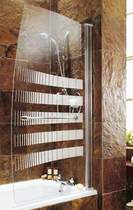 Coram Screens Frameless sail bath screen with chrome stripes.