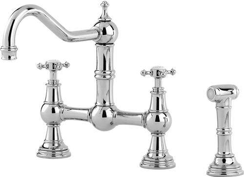 Perrin & Rowe Provence Kitchen Tap With Rinser & X-Head Handles (Chrome).
