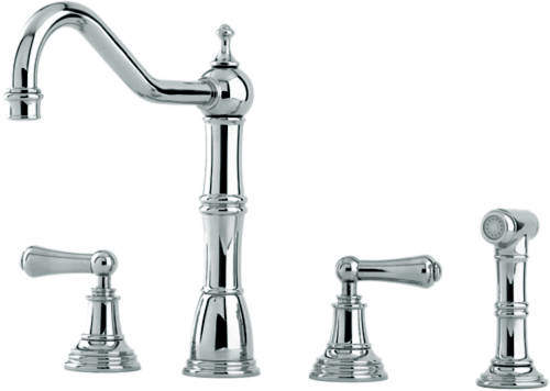 Perrin & Rowe Alsace 4 Hole Kitchen Tap With Lever Handles & Rinser (Pewter).