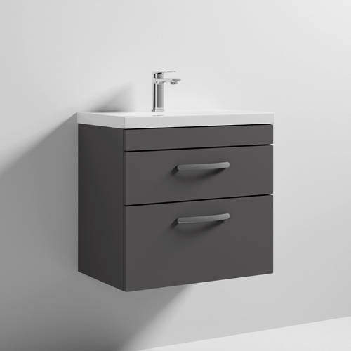 Nuie Furniture Wall Vanity Unit With 2 x Drawer & Basin 600mm (Gloss Grey).