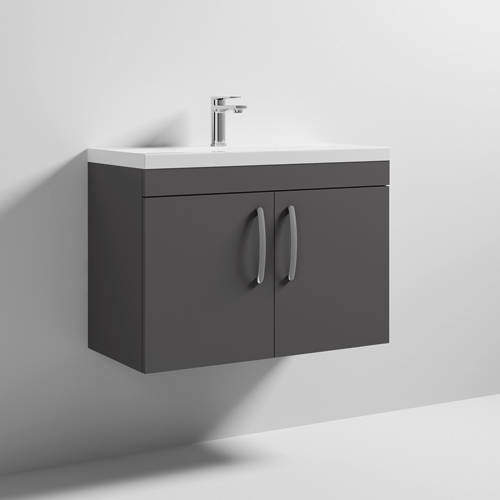 Nuie Furniture Wall Vanity Unit With 2 x Doors & Basin 800mm (Gloss Grey).
