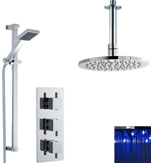 Nuie Showers Triple Thermostatic Shower Valve, LED Head & Slide Rail Kit.