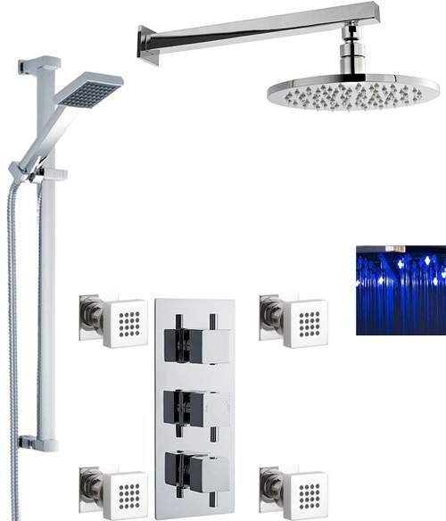 Nuie Showers Triple Shower Valve, LED Head & Slide Rail Kit & Body Jets.