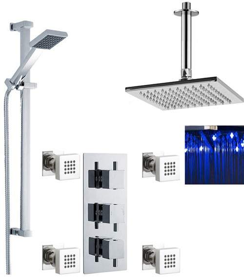 Nuie Showers Triple Shower Valve, LED Head & Slide Rail Kit & Body Jets.