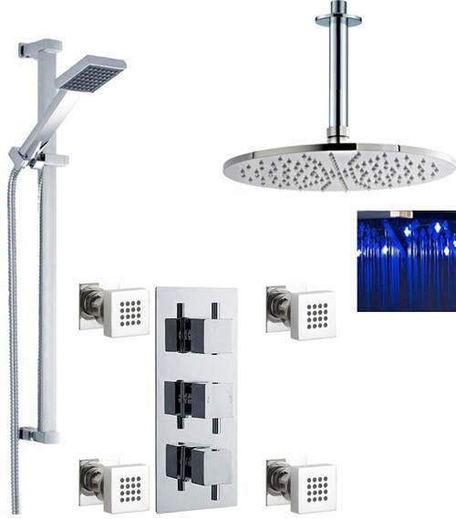 Nuie Showers Triple Shower Valve, LED Head & Slide Rail Kit & Body Jets.