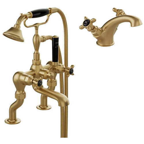 Vado Axbridge Basin & Bath Shower Mixer Tap Pack With Crosshead Handles (Brushed Brass).