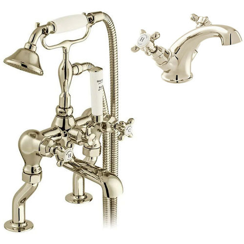 Vado Axbridge Basin & Bath Shower Mixer Tap Pack With Crosshead Handles (Bright Nickel).