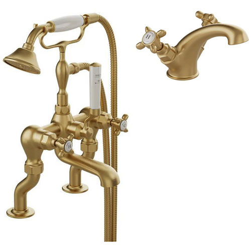 Vado Axbridge Basin & Bath Shower Mixer Tap Pack With Crosshead Handles (Brushed Brass).
