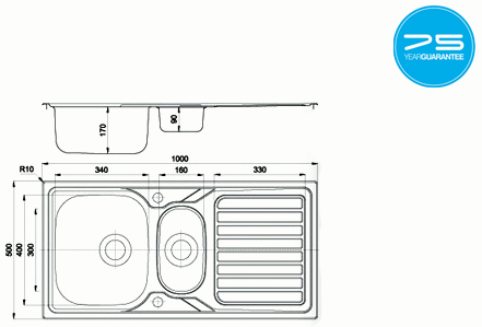 Additional image for Reversible Inset Kitchen Sink With Two bowls (Satin, 1000x500).