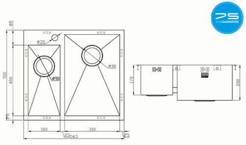 Additional image for Inset Two Bowl Kitchen Sink With Plumbing Kit (Satin, 565x510mm).