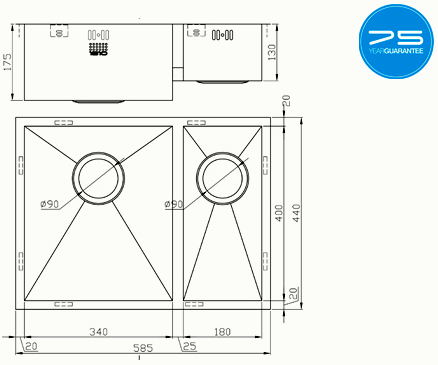 Additional image for Undermounted Two Bowl Kitchen Sink With Kit (Satin, 545x400mm).