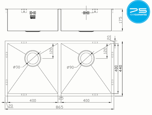Additional image for Undermounted Two Bowl Kitchen Sink With Kit (Satin, 825x400mm).