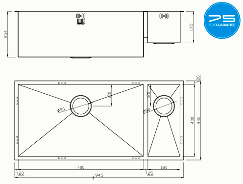 Additional image for Undermounted Two Bowl Kitchen Sink With Kit (Satin, 905x400mm).