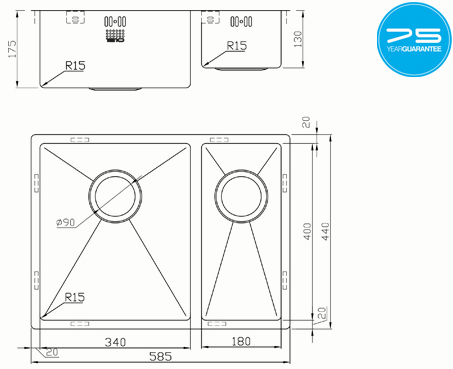 Additional image for Undermounted Two Bowl Kitchen Sink With Kit (Satin, 585x440mm).