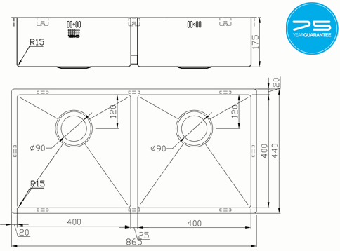 Additional image for Undermounted Two Bowl Kitchen Sink With Kit (Satin, 865x440mm).