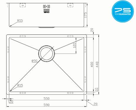 Additional image for Undermounted Kitchen Sink With Plumbing Kit (Satin, 550x400mm).