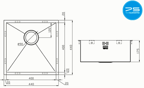 Additional image for Undermounted Kitchen Sink With Plumbing Kit (Satin, 400x400mm).