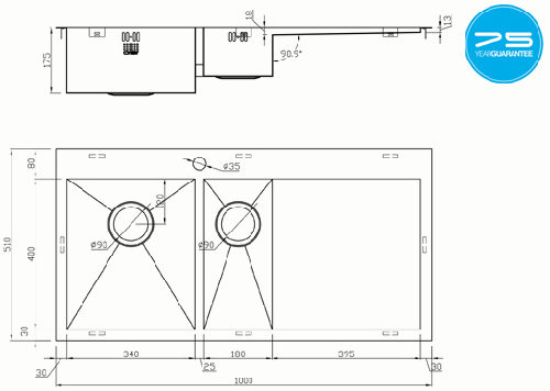 Additional image for Overmounted Kitchen Sink, Right Hand Drainer (Satin, 1000x510).