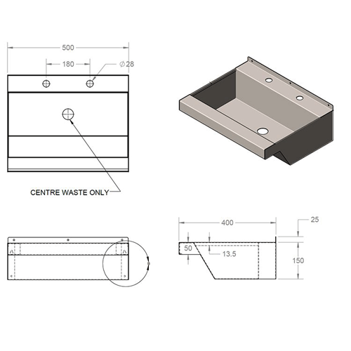 Additional image for Wall Mounted Wash Trough Basin (Stainless Steel).