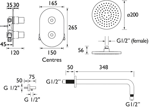 Additional image for Shower Pack With Arm, Round Head & Handset (Chrome).