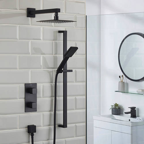 Additional image for Shower Pack With Arm, Square Head & Slide Rail Kit (Matt Black).