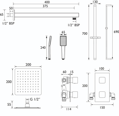 Additional image for Shower Pack With Arm, Square Head & Slide Rail Kit (Matt Black).