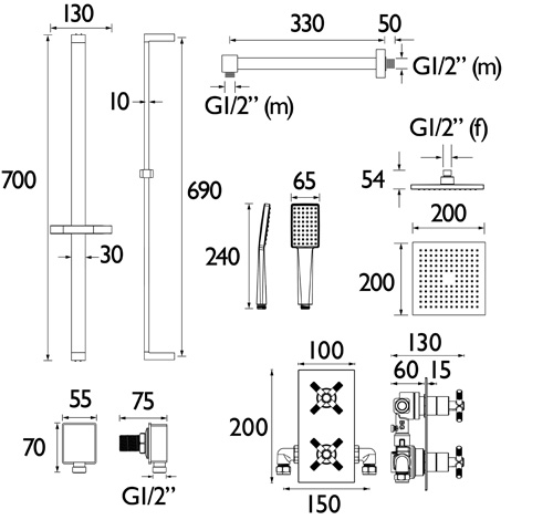 Additional image for Thermostatic Shower Pack With Slide Rail Kit (Brushed Brass).