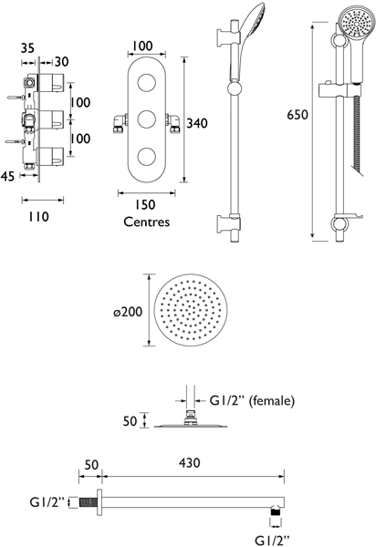 Additional image for Shower Pack With Arm, Round Head & Slide Rail (Chrome).