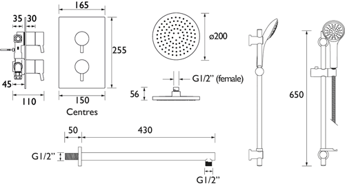 Additional image for Shower Pack With Arm, Round Head & Slide Rail (Chrome).