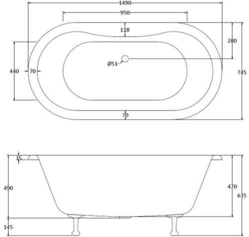 Additional image for Elmstead Double Ended Bath 1500mm With Feet Set 2 (White).