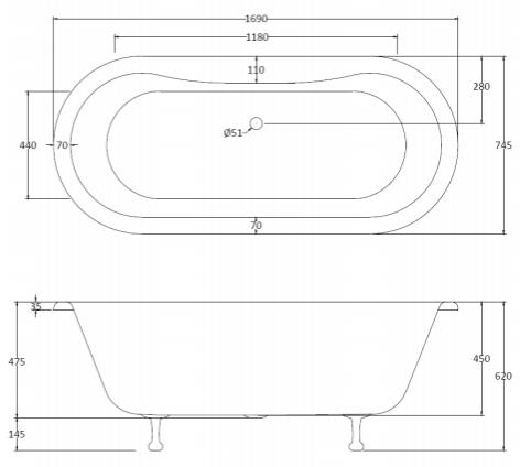 Additional image for Elmstead Double Ended Bath 1700mm With Feet Set 2 (White).