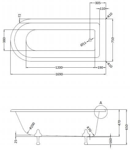 Additional image for Tye Shower Bath 1700mm With Feet Set 1 (White).