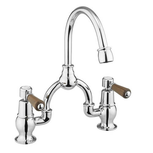 Additional image for 2 Hole Arch Basin Mixer Tap (Chrome & Walnut, 200mm).