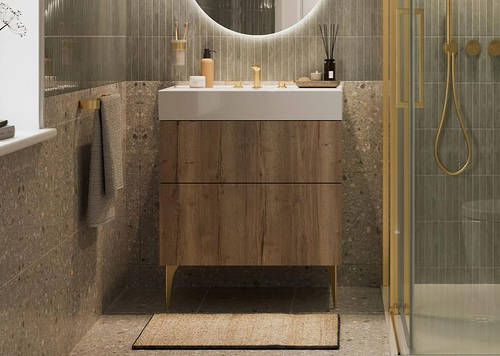 Additional image for Wall Vanity Unit With Brass Legs (600mm, Oak, 3TH).