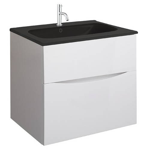 Additional image for Vanity Unit With Black Glass Basin (600mm, White Gloss, 1TH).