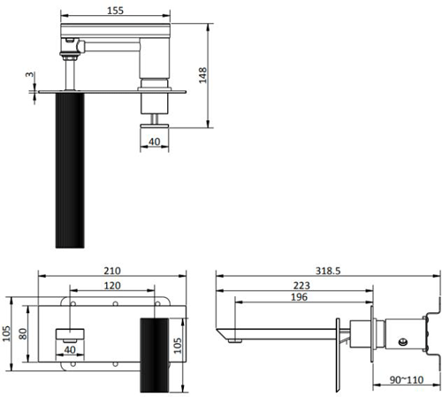 Additional image for Wall Mounted Basin Mixer Tap (Matt Black).