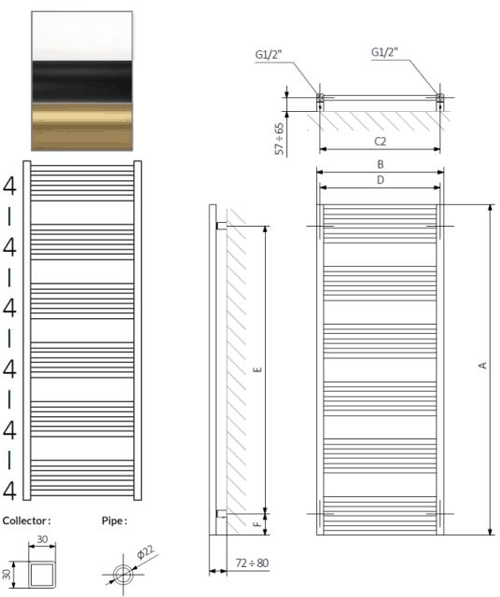 Additional image for Heated Towel Radiator 480x1380mm (B Brass).