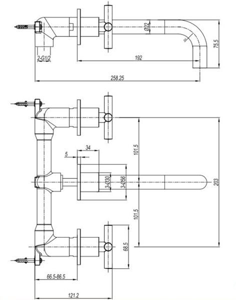 Additional image for Wall Mounted Crosshead Basin Tap (3 Hole, Slate).