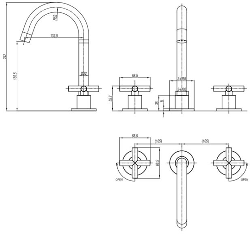 Additional image for Deck Mounted Crosshead Basin Tap (3 Hole, Br Bronze).