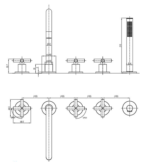 Additional image for Crosshead Bath Shower Mixer Tap (5 Hole, Br Bronze).