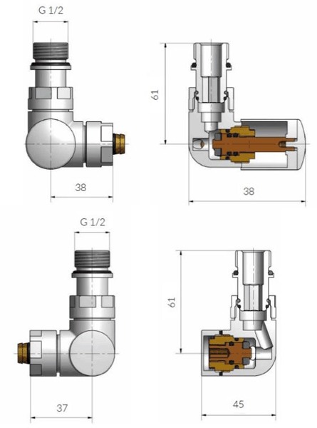 Additional image for Angled Radiator Valves (Brushed Brass).