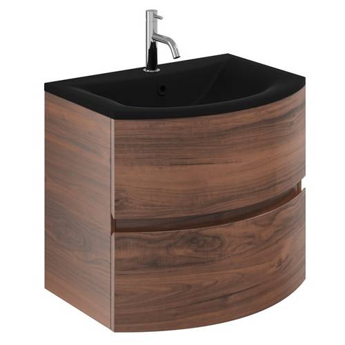 Additional image for Vanity Unit With Black Glass Basin (600mm, American Walnut).