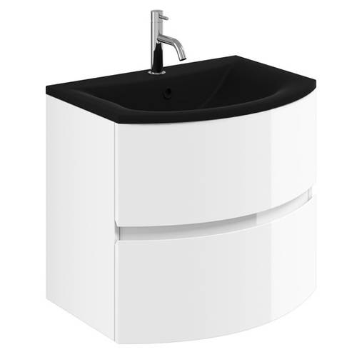 Additional image for Vanity Unit With Black Glass Basin (600mm, White Gloss).